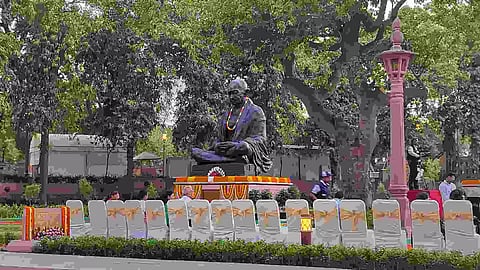 The statue of Mahatma Gandhi during the inauguration of the 'Prerna Sthal' at the Parliament House complex, in New Delhi, Sunday, June 16, 2024 (Photo/PTI)