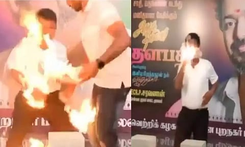 Boy's hand got lit by fire while performing stunt using kerosene (Screengrab from the video)