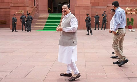 Union Minister JP Nadda arrives at the Parliament House complex (PTI) 