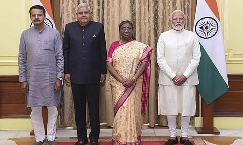 President Droupadi Murmu,Jagdeep Dhankhar, Narendra Modi and the newly appointed Pro-Tem Speaker of the 18th Lok Sabha, Bhartruhari Mahtab after Mahtab's oath-taking ceremony (PTI)