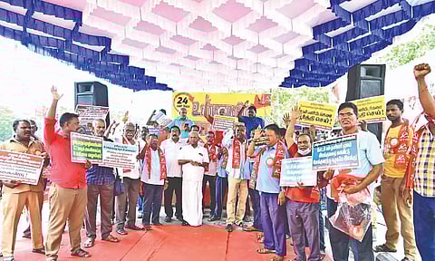 CITU members stage a protest in the city on Monday