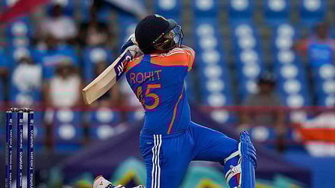  India's captain Rohit Sharma celebrates after scoring 50 runs against Australia during an ICC Men's T20 World Cup cricket match at Darren Sammy National Cricket Stadium in Gros Islet, Saint Lucia, Monday, June 24 (Photo/PTI)