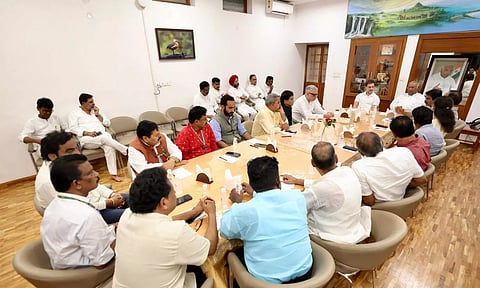  Congress President Mallikarjun Kharge and party MP Rahul Gandhi at a meeting with the floor leaders of INDIA coalition (PTI)