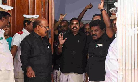 Leader of Opposition Edappadi K Palanisami and AIADMK MLAs walk out of the Tamil Nadu Assembly on June 25, 2024. (Photo | Hemanathan M)