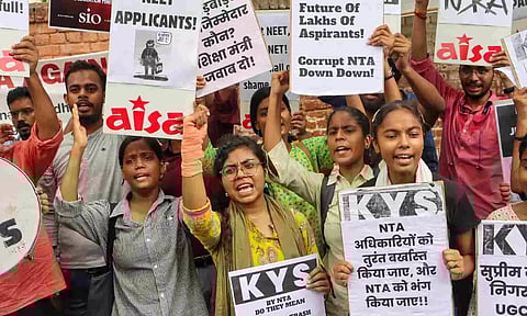 Members of various organisations protest against the National Testing Agency (NTA) over the alleged irregularities in NEET-UG 2024 results (PTI)