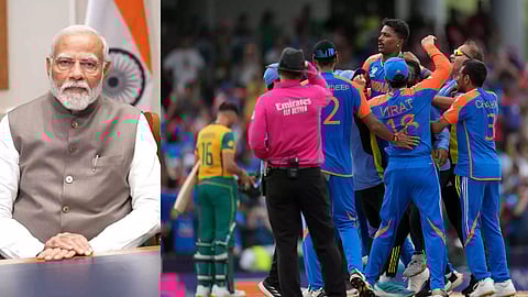 (L to R) PM Modi; Hardik Pandya & teammates celebrate after their win against South Africa in the ICC Men's T20 World Cup final cricket