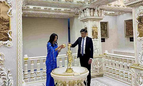  British Prime Minister Rishi Sunak and wife Akshata Murty during their visit at the BAPS Swaminarayan Mandir, in London (PTI)