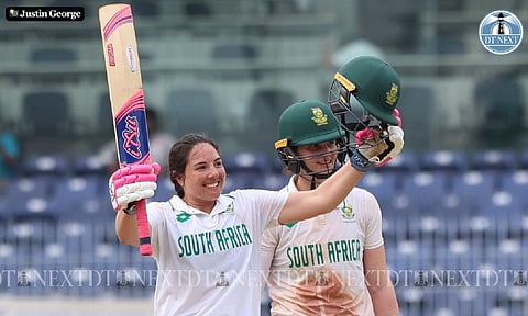 South Africa's Sune Luus celebrates her century (Photo: Justin George)