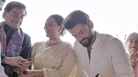 Veteran actor Shatrughan Sinha, Sonakshi and her husband Zaheer Iqbal 