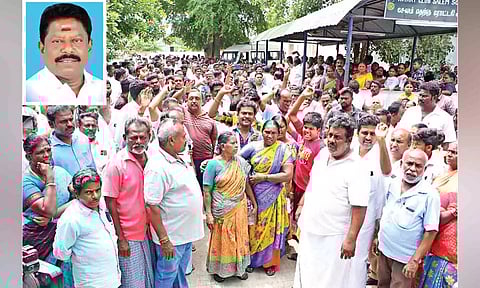 Family members and party workers protesting on hospital premises in Salem on Thursday; (inset) M Shanmugam