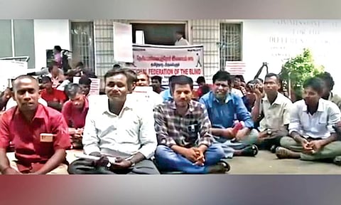 Visually impaired staging protest pressing their demands in Chennai