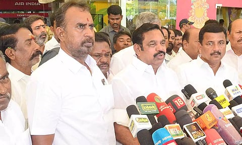 AIADMK general secretary ‘Edappadi’ K Palaniswami addressing the media in Coimbatore on Friday. 