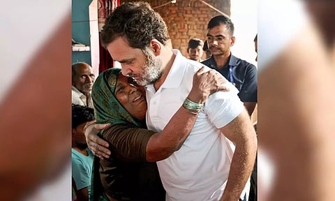 Congress leader Rahul Gandhi meets families of the victims of Hathras stampede incident, in Pilkhana village of Aligarh (PTI)