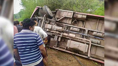 Bus carrying passengers overturned, at Pinjore in Panchkula district (Photo/PTI)