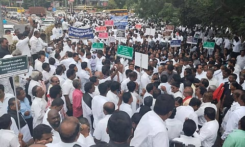 Advocates rallying against new criminal laws in Tiruchy on Monday