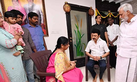 Chief Minister MK Stalin paid a floral tribute to the portrait of Armstrong and consoled the wife of the deceased (Photo: X/@TNDIPRNEWS)