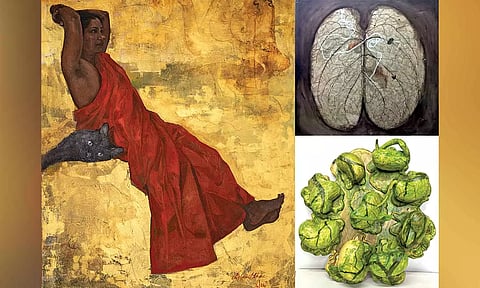 (L-R) Rohini Mani's Sacred, Art by Sreelakshmi KS, Thalamuthu's work