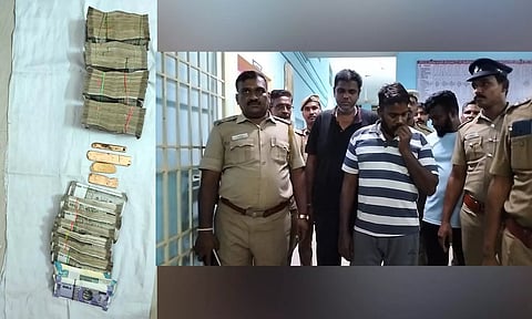 Burglars in the custody of police and seized cash and jewels. 