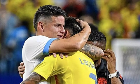 James Rodriguez clebrating with Luis Diaz