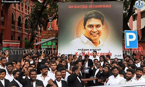 Lawyers staged a protest in front of the High Court, demanding justice for the murder of BSP state president Armstrong (Photo: Hemanathan.M)