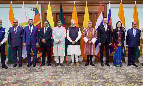PM Narendra Modi with Foreign Ministers of Bay of Bengal Initiative for Multi-Sectoral Technical and Economic Cooperation (BIMSTEC) member nations during a meeting, in New Delhi (PTI)