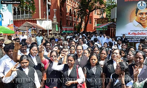 Advocates staged a protest in front of the High Court, demanding justice for the murder of Bahujan Samaj Party state president Armstrong (Photo: Hemanathan.M)