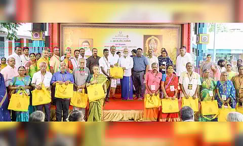 Minister P K Sekar Babu handed over travel kits to as many as 52 devotees to mark the launch of the spiritual tour at a function in the Arulmigu Kapaleeswarar temple in Mylapore (X)