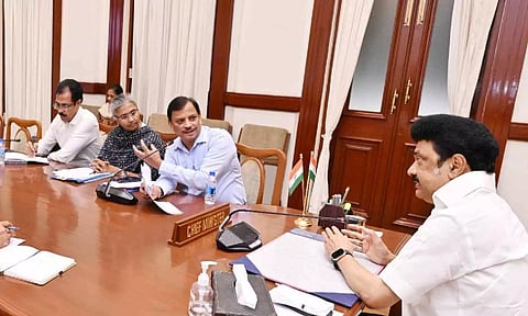 Chief minister M K Stalin holding a review of the flood relief works being undertaken in monsoon hit Nilgiris district on Saturday. Chief Secretary Shiv Das Meena and principal secretary of Revenue and Disaster Management P Amudha are also seen