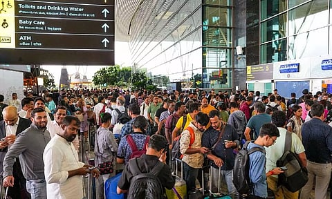 Stranded passengers at the Kempegowda International Airport Bengaluru (Photo: PTI)