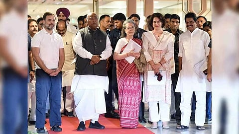 Congress leaders including Mallikarjun Kharge, Rahul Gandhi and Sonia Gandhi. (Photo/ANI)