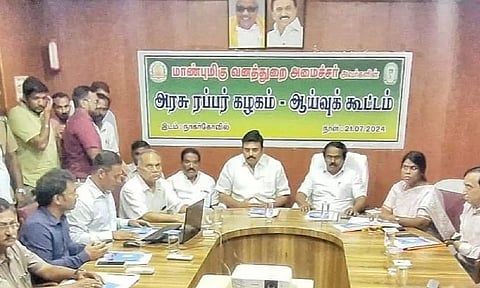 Ministers M Mathiventhan and T Mano Thangaraj at an interaction held at DFO in Kanniyakumari on Sunday