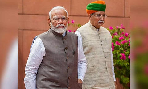 Prime Minister Narendra Modi arrives to address the media on the first day of the Parliament session (PTI)