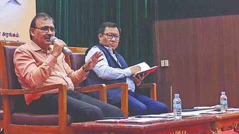 Home Secretary Dheeraj Kumar and Transport Commissioner SJ Chiru at the public hearing in Chennai on Monday