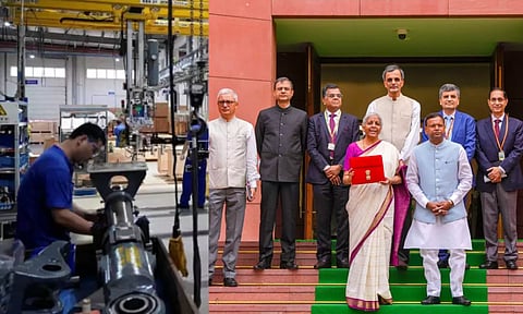 Workers at a factory (File Photo | Pexels); Union Finance Minister Nirmala Sitharaman with a red pouch carrying the Budget documents at the Parliament to present the Union Budget 2024-25, in New Delhi, on July 23, 2024. MoS Pankaj Chaudhary and Chief Economic V Anantha Nageswaran are also seen. (Photo | PTI)