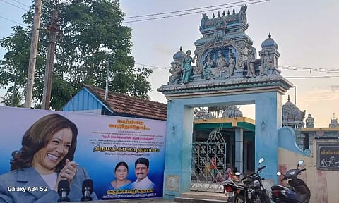 Huge banners of US Vice-President Kamala has been put up at the Dharma Sastha Temple in Painganadu, Thulasendrapuram village. 