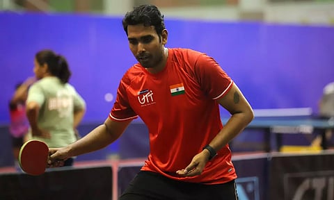 Sharath Kamal practicing at training camp ahead of Olympics