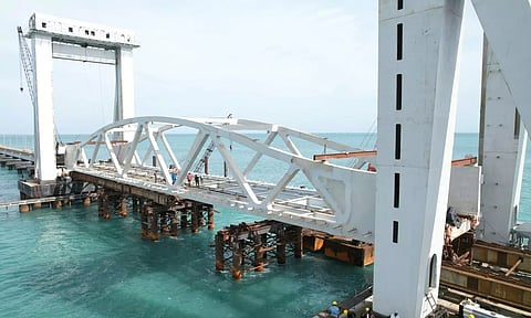 The newly installed lift span on Pamban sea bridge