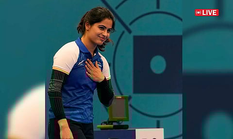 India's Manu Bhaker celebrates after winning the bronze medal in the 10m air pistol women's final (Photo: PTI)