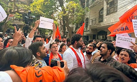 Police personnel try to stop ABVP supporters during their protest over Old Rajendra Nagar coaching incident (PTI)