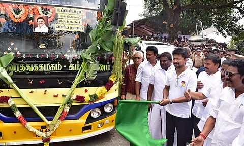 Minister Udhayanidhi Stalin flagging off new bus services in Pachamalai, Tiruchy on Thursday