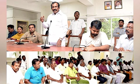 Minister for Housing and Urban Development S Muthusamy at a meeting regarding the Athikadavu-Avinashi Ground Water Recharge and Drinking Water Supply Scheme in Erode.