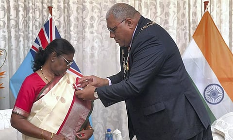 President of Fiji Ratu Wiliame Maivalili Katonivere confers the Companion of the Order of Fiji upon President Droupadi Murmu (PTI)