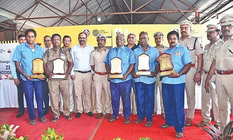 MTC drivers C Jayakumar, Peter Anthony, R Vasudevan, K Chandrasekaran, and T Amalraj felicitated on Tuesday