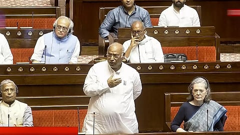 LoP Mallikarjun Kharge speaks in the Rajya Sabha during the Monsoon session of Parliament