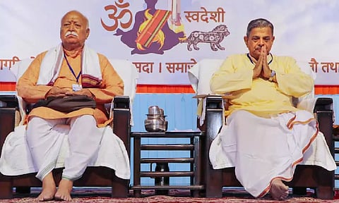 RSS chief Mohan Bhagwat with RSS General Secretary Dattatreya Hosabale (PTI)