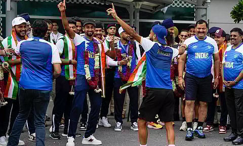 Paris Olympic Bronze medalist Indian Hockey players being welcomed on their arrival at the Indira Gandhi International Airport (PTI)
