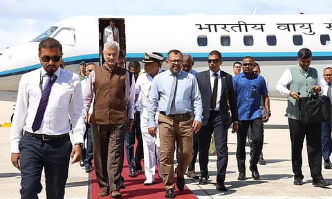 EAM S. Jaishankar being received by Foreign Minister of Maldives Moosa Zameer as he arrives in Addu City, Maldives (PTI)