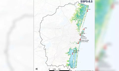 Map of Chennai indicating the sea level rise 
