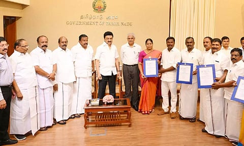 Chief Minister MK Stalin presenting the GOs for the formation of Namakkal, Tiruvannamalai, Pudukkottai and Karaikudi Corporations at the Secretariat on Monday