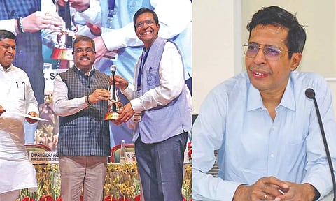 V Kamakoti, Director of IIT-Madras, receiving the NIRF 2024 ranking certificate from Union Minister Dharmendra Pradhan in New Delhi recently